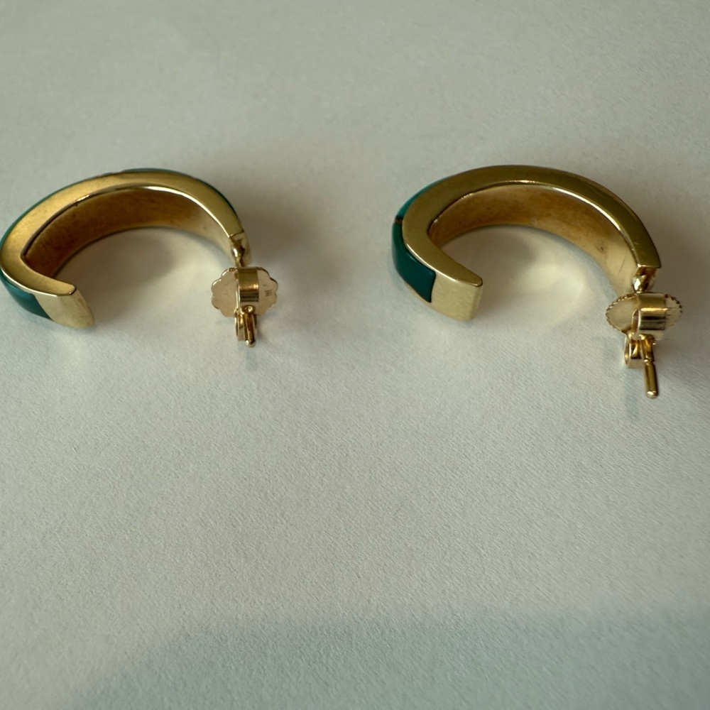 Tony Sanchez Handmade 14K Gold & Turquoise Inlay Huggie Earrings - Picture 7 of 8